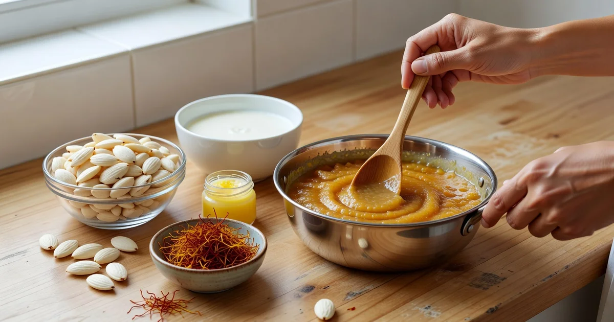 Featured image: Professional featured image for: How to Prepare Delicious Homemade Badam Halwa. Clean editorial illu