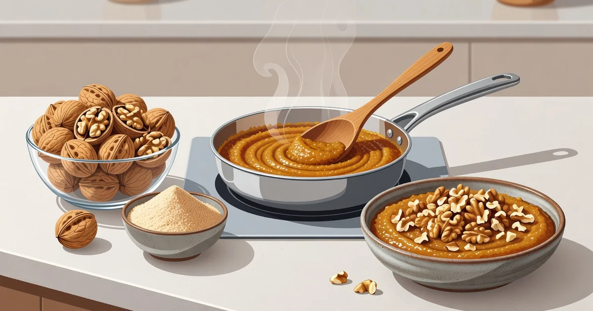 Featured image: Professional featured image for: How to Prepare Rich and Delicious Akhrot Halwa. Clean editorial ill