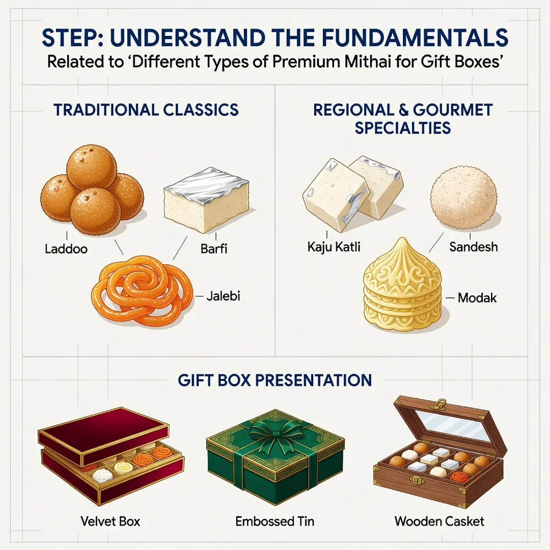 Step 1: Illustration for step: Understand the fundamentals related to Different Types of Premium Mithai for 
