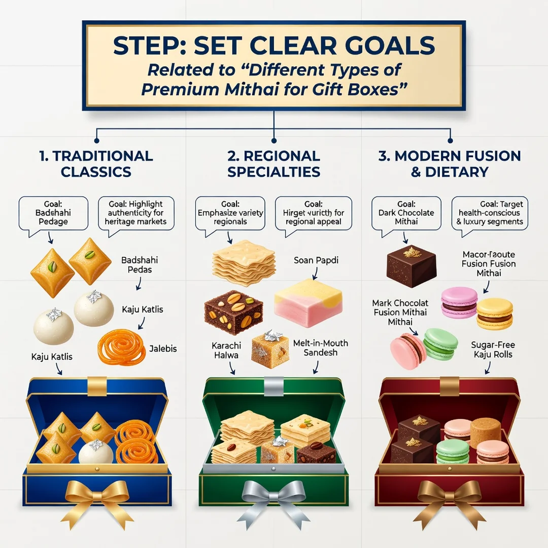 Step 3: Illustration for step: Set clear goals related to Different Types of Premium Mithai for Gift Boxes, 