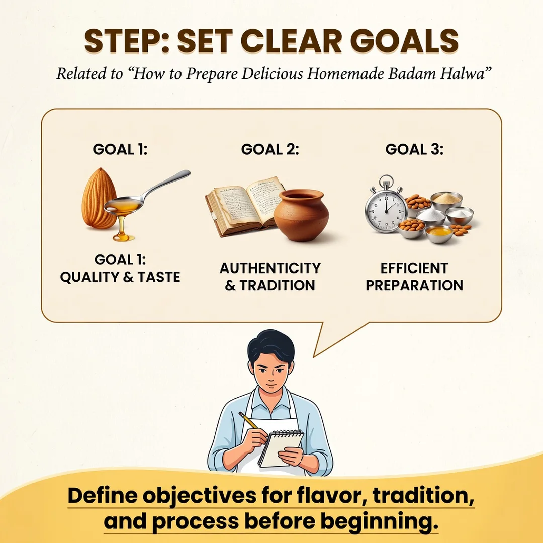 Step 3: Illustration for step: Set clear goals related to How to Prepare Delicious Homemade Badam Halwa, pro