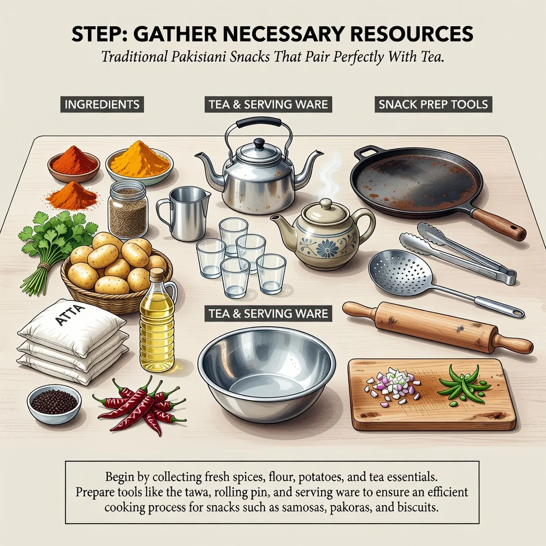 Step 4: Illustration for step: Gather necessary resources related to Traditional Pakistani Snacks That Pair 