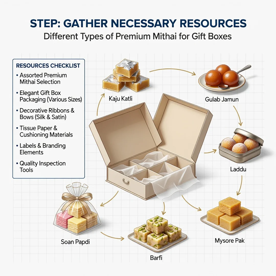 Step 4: Illustration for step: Gather necessary resources related to Different Types of Premium Mithai for G