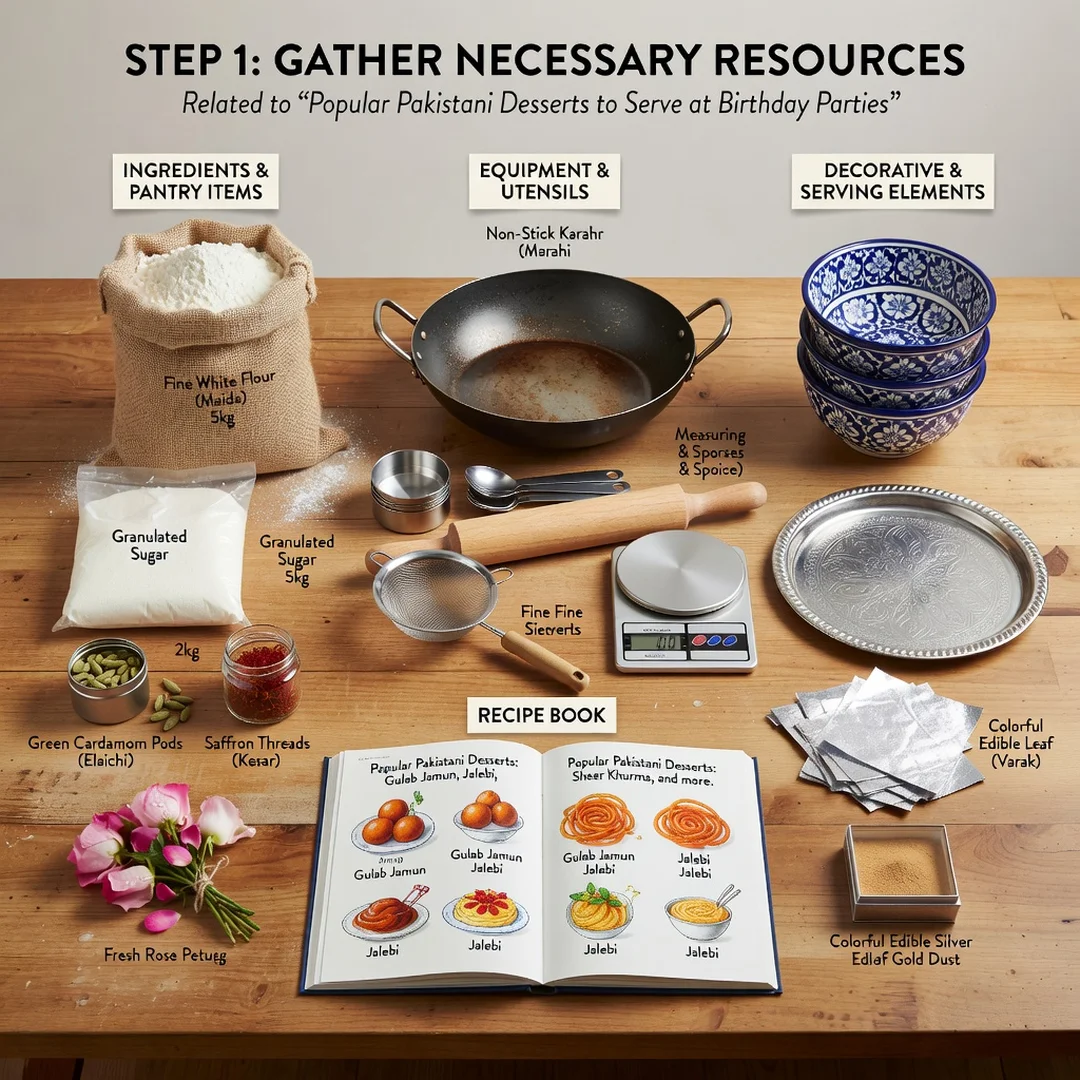 Step 4: Illustration for step: Gather necessary resources related to Popular Pakistani Desserts to Serve at