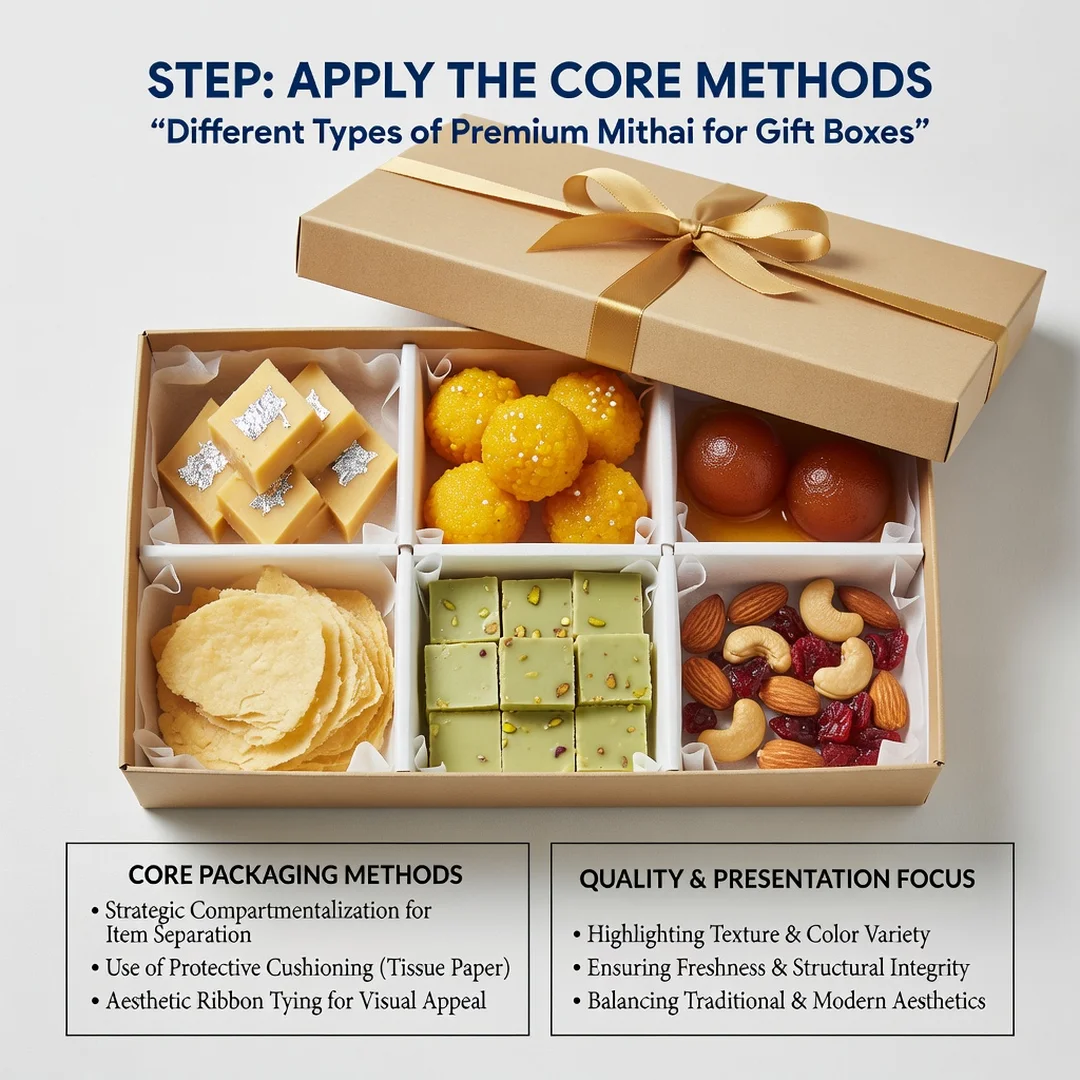 Step 5: Illustration for step: Apply the core methods related to Different Types of Premium Mithai for Gift 